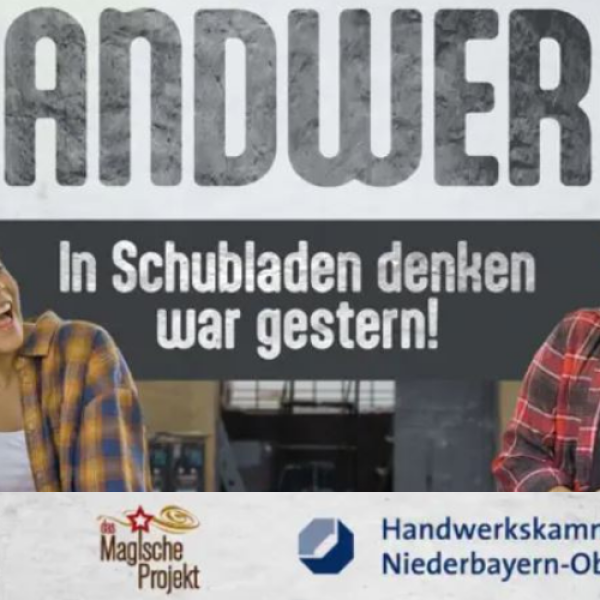 Zwei junge Frauen lachen sich an. Beide halten eine Bohrmaschine in der Hand. Zwischen ihnen steht der Podcast-Titel „Handwerk – In Schubladen denken war gestern!“