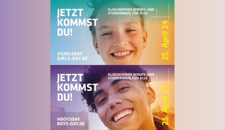 Das Bild zeigt die beiden Aktionsbanner des Girls‘-Days und Boys‘-Days. Es zeigt eine Schülerin und einen Schüler. Beide lächeln und neben ihnen ist jeweils ein Schriftzug mit dem Slogan „Jetzt kommst Du!“ abgebildet. Die Farben sind in Pastelltönen gehalten.