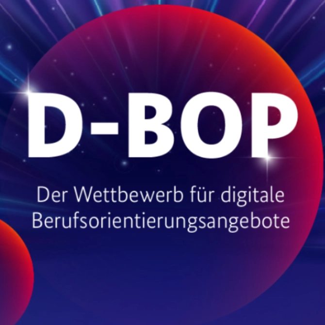 Das Logo des D-BOP Wettbewerbs: weiße Schrift auf einem dunklen Hintergrund, der an das Weltall erinnert.