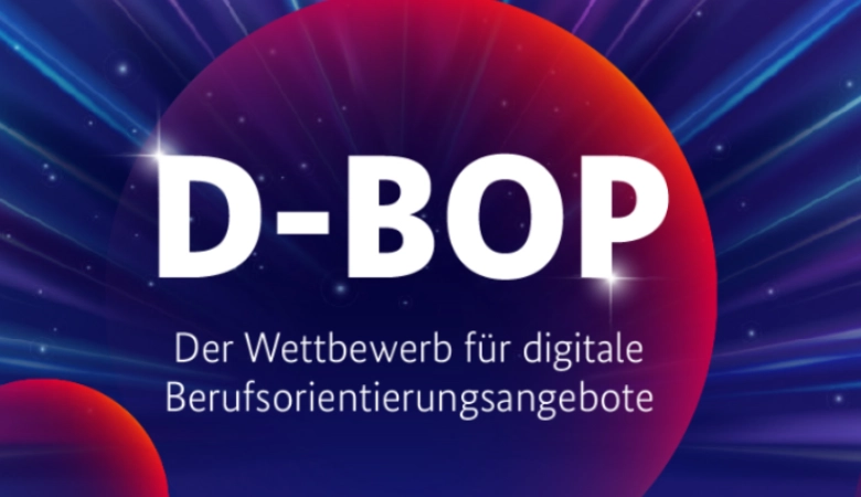 Das Logo des D-BOP Wettbewerbs: weiße Schrift auf einem dunklen Hintergrund, der an das Weltall erinnert.