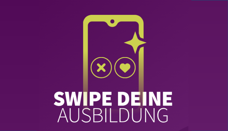 Ein Umriss eines Handys mit zwei Icons: Einem Herz und einem X. Darunter der Schriftzug „Swipe deine Ausbildung“.