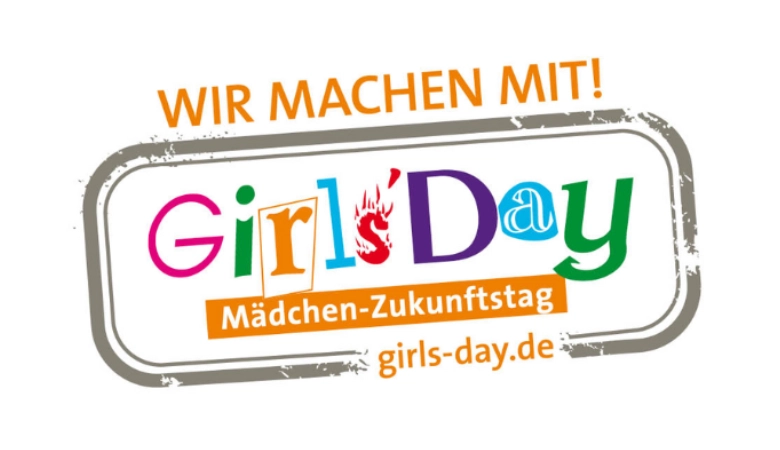 Das Logo des Girls‘Day in bunten Buchstaben. Darüber steht der Schriftzug „Wir machen mit!“.