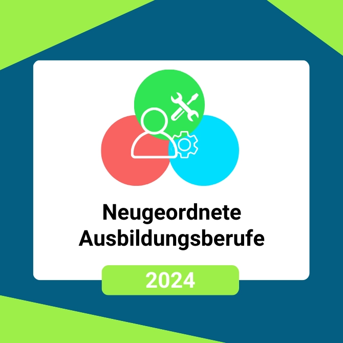 Drei Kreise, die gleichmäßig angeordnet sind und sich überlappen bilden den Hintergrund eines Icons, das eine Person mit Werkzeug und dem Einstellungssymbol zeigt. Untendrunter steht Neugeordnete Ausbildungsberufe, darunter farblich abgestuft die Zahl 2024.