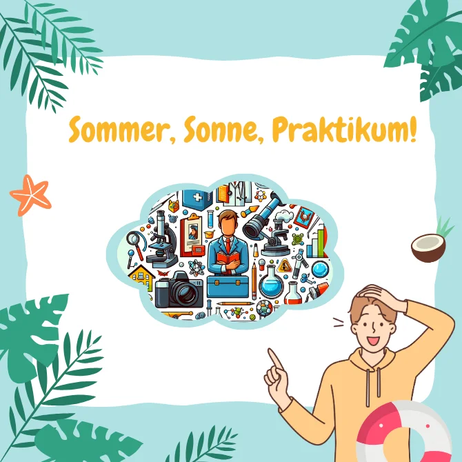 Ein Junge lacht in die Kamera und zeigt mit der Hand auf eine Gedankenwolke. In dieser sind symbolisch verschiedene Berufe abgebildet. Oben steht der Schriftzug „Sommer, Sonne, Praktikum!“