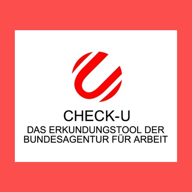 Rundes Logo des Check-U mit der Unterschrift "Check-U, das Erkundungstool der Bundesagentur für Arbeit" in Versalien