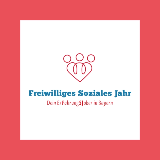 Logo im LineArt-Stil, das abstrakt drei Personen darstellt. Darunter der Schriftzug : Freiwilliges Soziales Jahr - Dein ErfahrungsJoker in Bayern