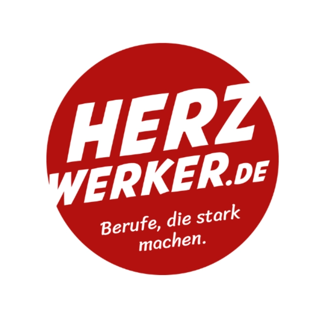 Das Herzwerker.de Logo. In einem roten Kreis steht der Schriftzug Herzwerker.de – Berufe die stark machen