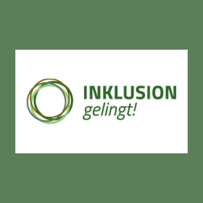 Ein Kreis, durch mehrere gekritzelte Linien dargestellt, bildet das Logo der Inklusion gelingt. Daneben steht der Name mit einem Ausrufezeichen.