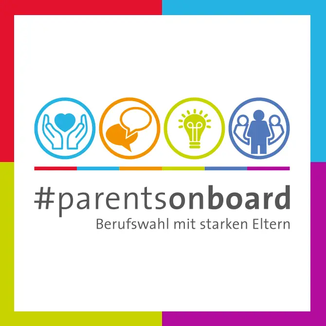 Das Logo von #parentsonboard mit der Subline "Berufswahl mit starken Eltern". Darüber Symbole mit einer Hand, die ein Herz hält, zwei Sprechblasen. einer Glühbirne und drei Personen.