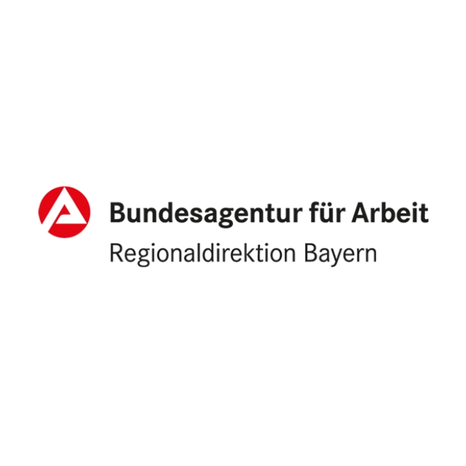 Das A im roten Kreis steht neben der Schrift Bundesagentur für Arbeit, Regionaldirektion Bayern und bildet somit das Logo.