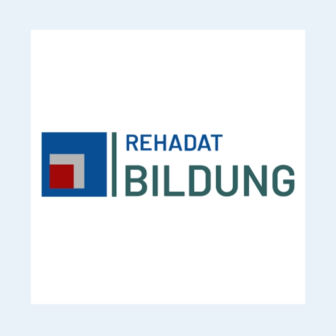 Das Rehadat Bildung Logo ist durch ein Quadrat dargestellt, in dem ein kleineres Quadrat ist, das nochmal ein kleineres Quadrat in der linken Ecke beherbergt. Eine Linie trennt das Bild und den Schriftzug "Rehadat Bildung".