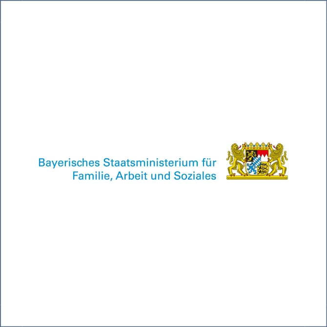 Auf der linken Seite steht Bayerisches Staatsministerium für Familie, Arbeit und Soziales. Daneben ist das Wappen Bayerns.